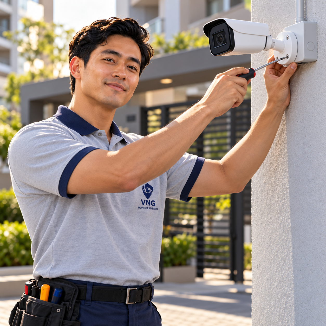 Técnico da VNG Monitoramento instalando uma câmera de segurança