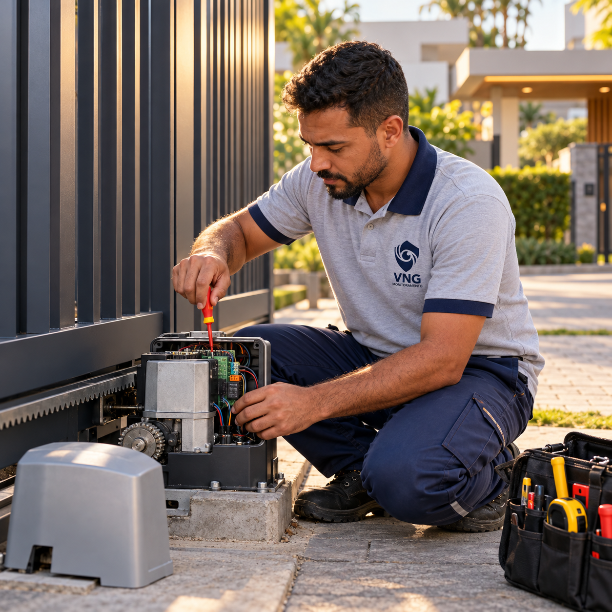 Técnico realizando manutenção em portão eletrônico automático